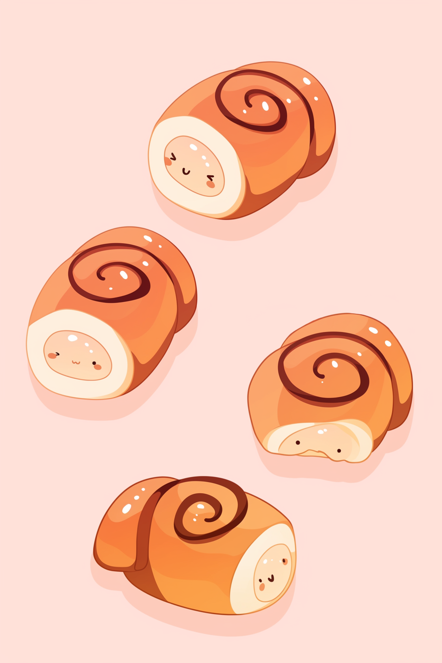 Thanksgiving food drawing ideas featuring cute cinnamon rolls with happy faces and swirls on a soft background.